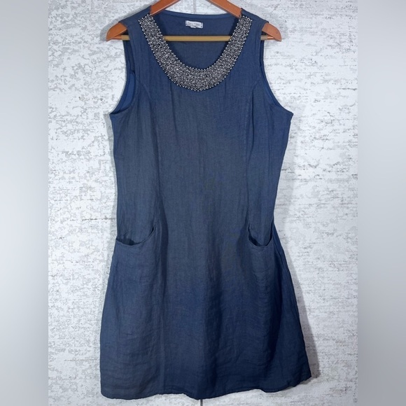 LINA TOMEI 100% Linen Blue Sleeveless Dress Beaded Neckline Side Pockets Size L - Picture 6 of 13